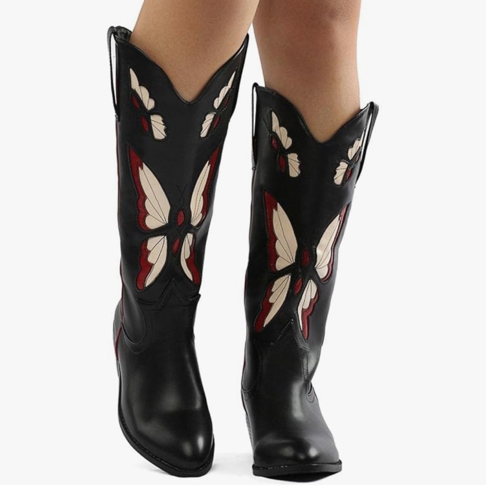 Red Butterfly Embroidered Cowboy Boots